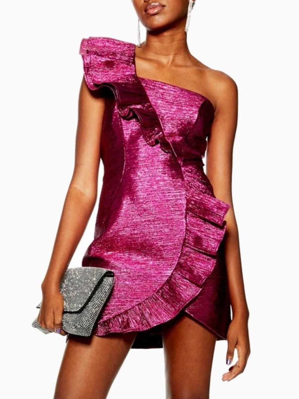 Topshop Magenta One-Shoulder Ruffle Mini Dress
